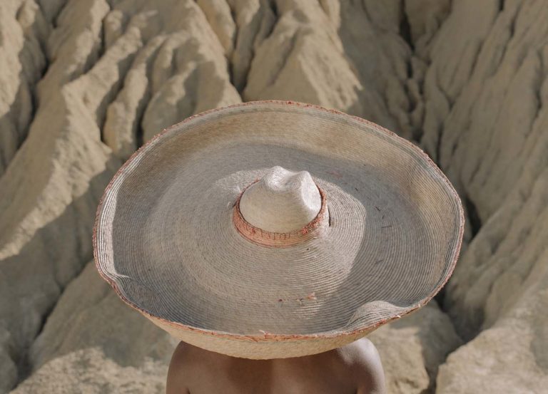 Woman wearing sun hat facing black rock desert